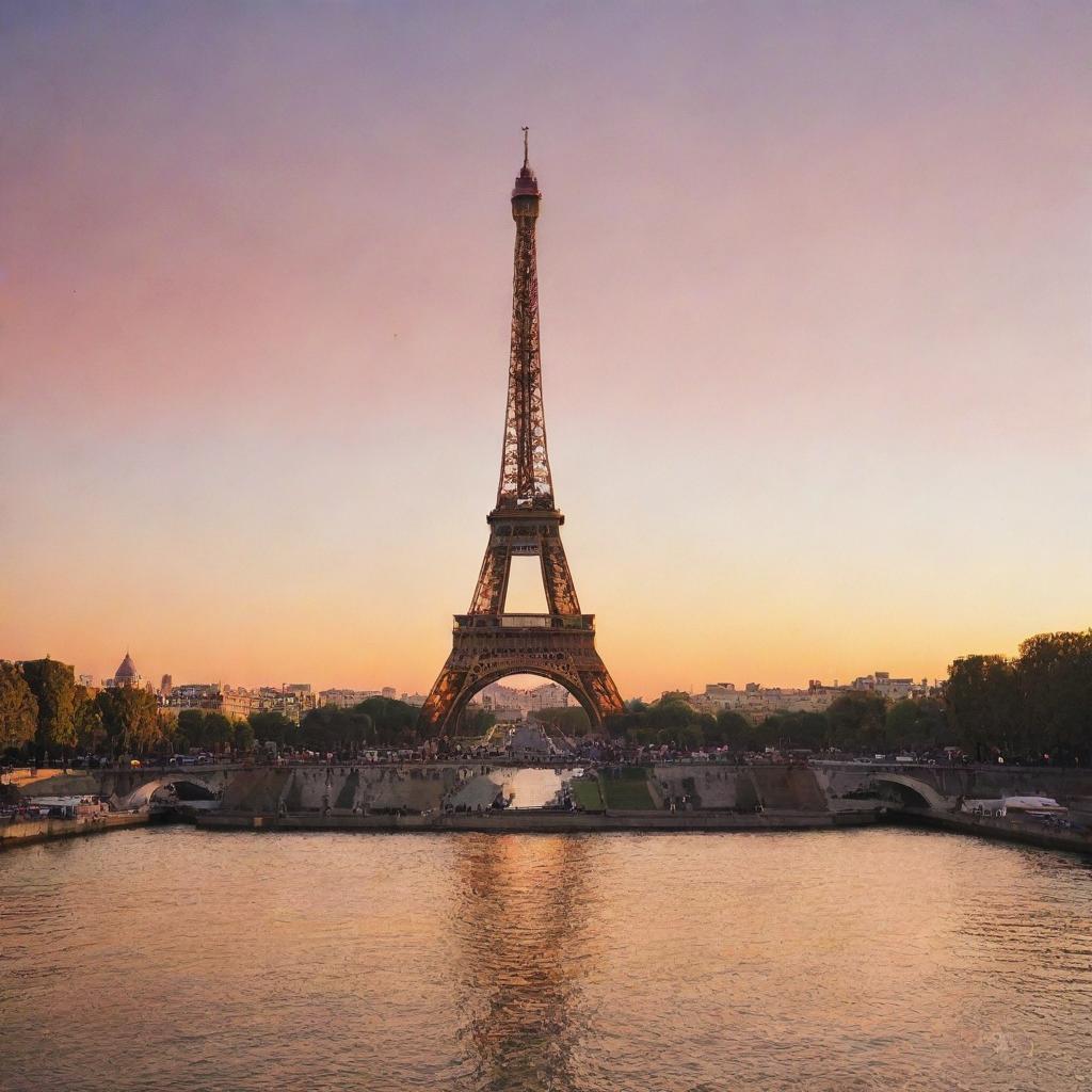 The Eiffel Tower at sunset, bathed in the warm, rich colors of the setting sun, figuratively on fire.