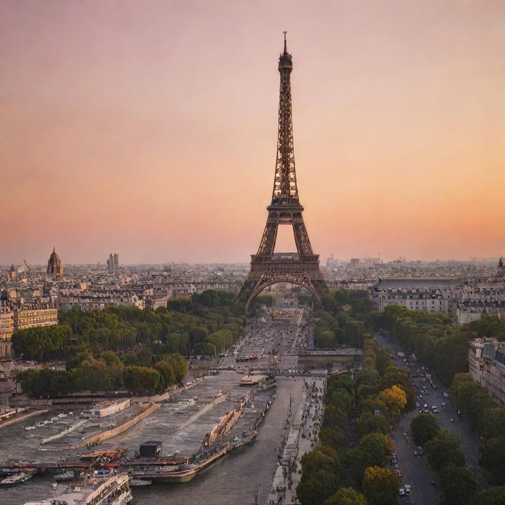 The Eiffel Tower at sunset, bathed in the warm, rich colors of the setting sun, figuratively on fire.