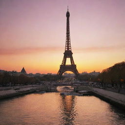 The Eiffel Tower at sunset, bathed in the warm, rich colors of the setting sun, figuratively on fire.