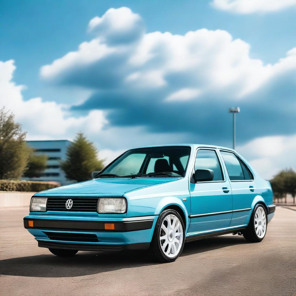 A detailed image of a Volkswagen Jetta MK3 VR6 with a baby blue metallic paint job