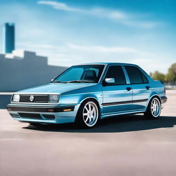 A detailed image of a Volkswagen Jetta MK3 VR6 with a baby blue metallic paint job