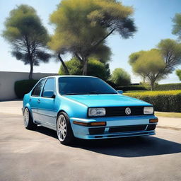 A detailed image of a Volkswagen Jetta MK3 VR6 with a baby blue metallic paint job