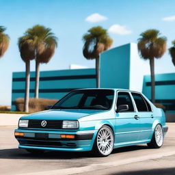 A detailed image of a Volkswagen Jetta MK3 VR6 with a baby blue metallic paint job