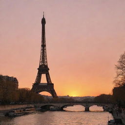 The Eiffel Tower at sunset, bathed in the warm, rich colors of the setting sun, figuratively on fire.