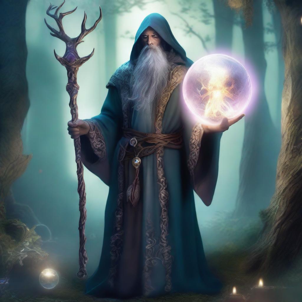 A thin Goliath bard of spirits holding a staff with a crystal ball on top, standing in an enchanted forest