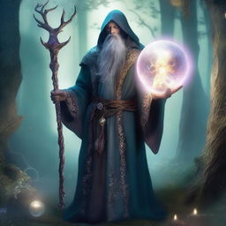 A thin Goliath bard of spirits holding a staff with a crystal ball on top, standing in an enchanted forest