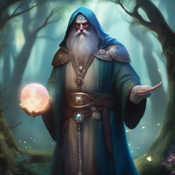 A thin Goliath bard of spirits holding a staff with a crystal ball on top, standing in an enchanted forest