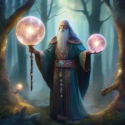 A thin Goliath bard of spirits holding a staff with a crystal ball on top, standing in an enchanted forest