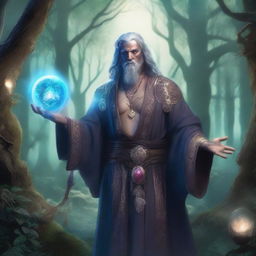 A thin Goliath bard of spirits holding a staff with a crystal ball on top, standing in an enchanted forest