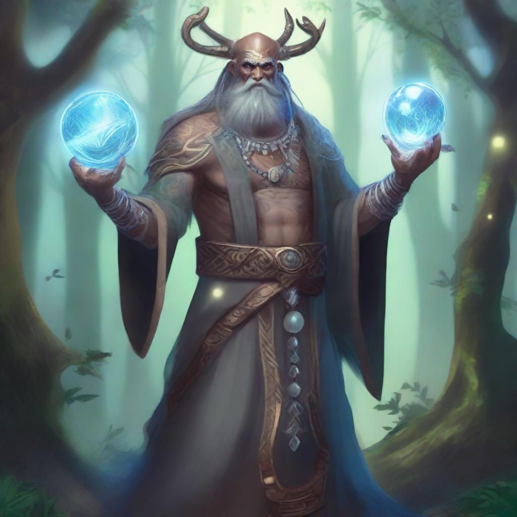 A thin, grey-skinned Goliath bard holding a staff with a crystal ball on top