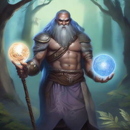 A thin, grey-skinned Goliath bard holding a staff with a crystal ball on top