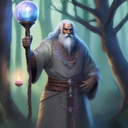 A thin, grey-skinned Goliath bard holding a staff with a crystal ball on top