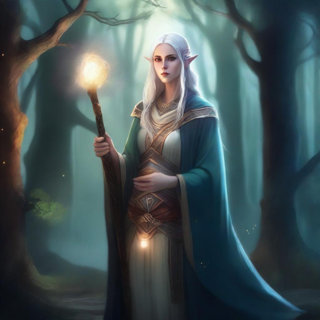 A detailed illustration of a female high-elf sorcerer standing in a mystical forest