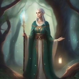 A detailed illustration of a female high-elf sorcerer standing in a mystical forest