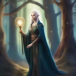 A detailed illustration of a female high-elf sorcerer standing in a mystical forest