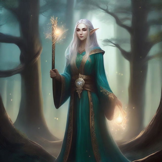 A detailed illustration of a female high-elf sorcerer standing in a mystical forest