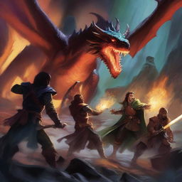 A vibrant and dynamic scene from a Dungeons and Dragons campaign, featuring a group of adventurers battling a fearsome dragon in a dark cavern