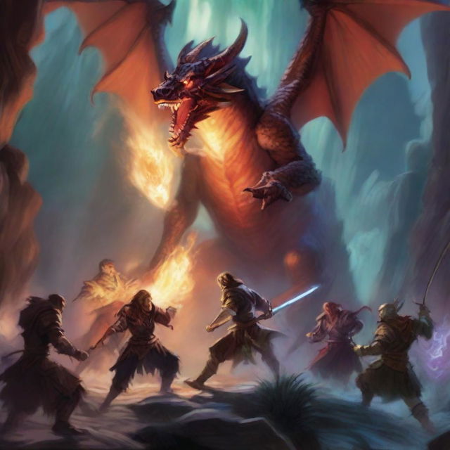 A vibrant and dynamic scene from a Dungeons and Dragons campaign, featuring a group of adventurers battling a fearsome dragon in a dark cavern