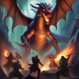 A vibrant and dynamic scene from a Dungeons and Dragons campaign, featuring a group of adventurers battling a fearsome dragon in a dark cavern