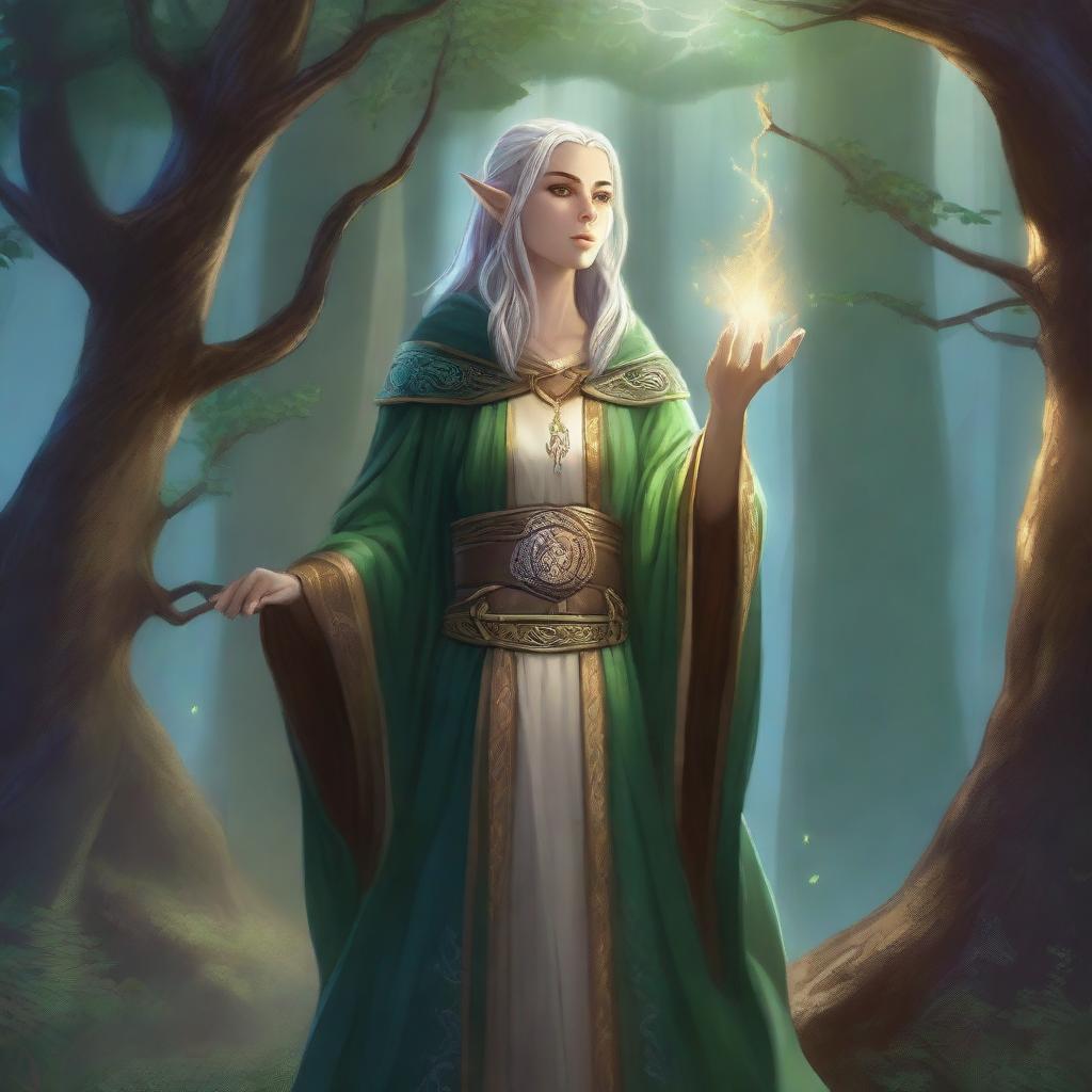 A detailed illustration of a female high-elf sorcerer from Dungeons and Dragons, wearing elegant robes adorned with mystical symbols