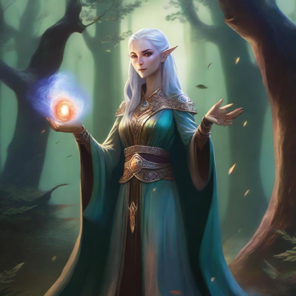 A detailed illustration of a female high-elf sorcerer from Dungeons and Dragons, wearing elegant robes adorned with mystical symbols