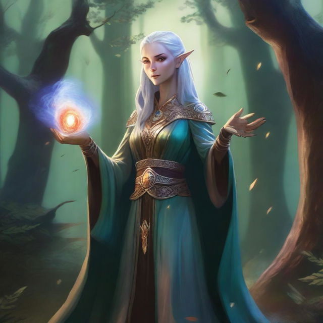 A detailed illustration of a female high-elf sorcerer from Dungeons and Dragons, wearing elegant robes adorned with mystical symbols