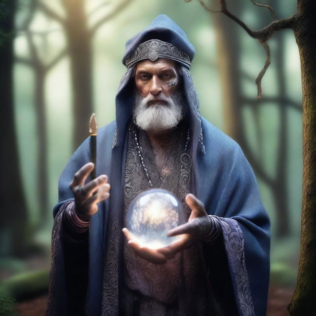 A middle-aged male fortune teller with stone grey skin, holding a staff topped with a crystal ball