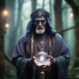 A middle-aged male fortune teller with stone grey skin, holding a staff topped with a crystal ball