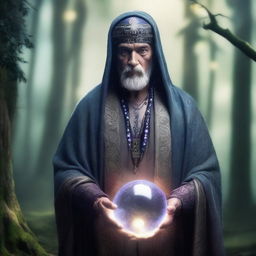 A middle-aged male fortune teller with stone grey skin, holding a staff topped with a crystal ball