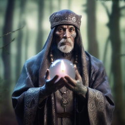 A middle-aged male fortune teller with stone grey skin, holding a staff topped with a crystal ball