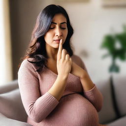 A pregnant woman making the shh gesture with her index finger over her lips