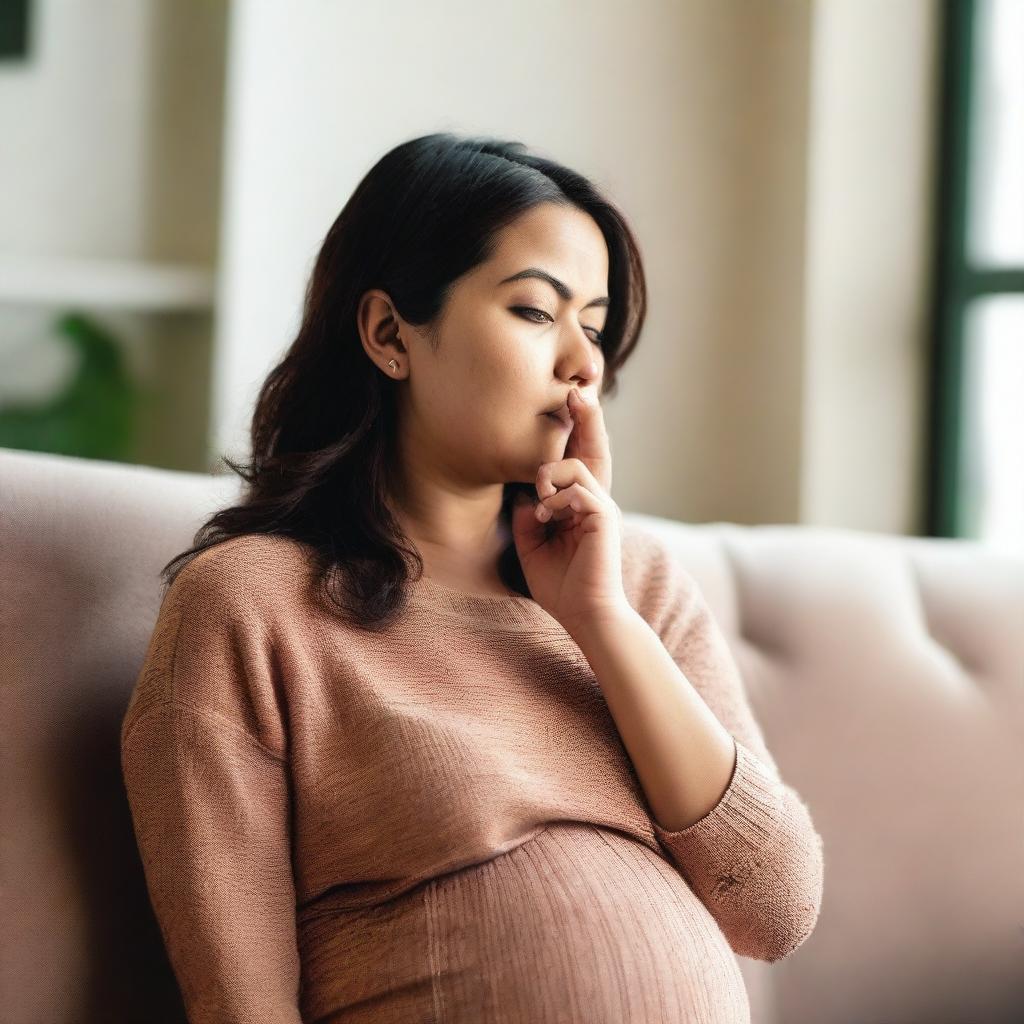 A pregnant woman making the shh gesture with her index finger over her lips