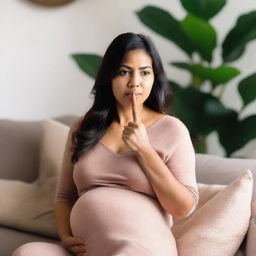 A pregnant woman making the shh gesture with her index finger over her lips