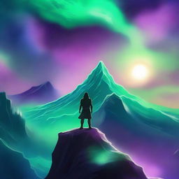 Create a fanfiction book cover featuring an epic fantasy scene with a heroic character standing on a cliff, looking over a vast, mystical landscape