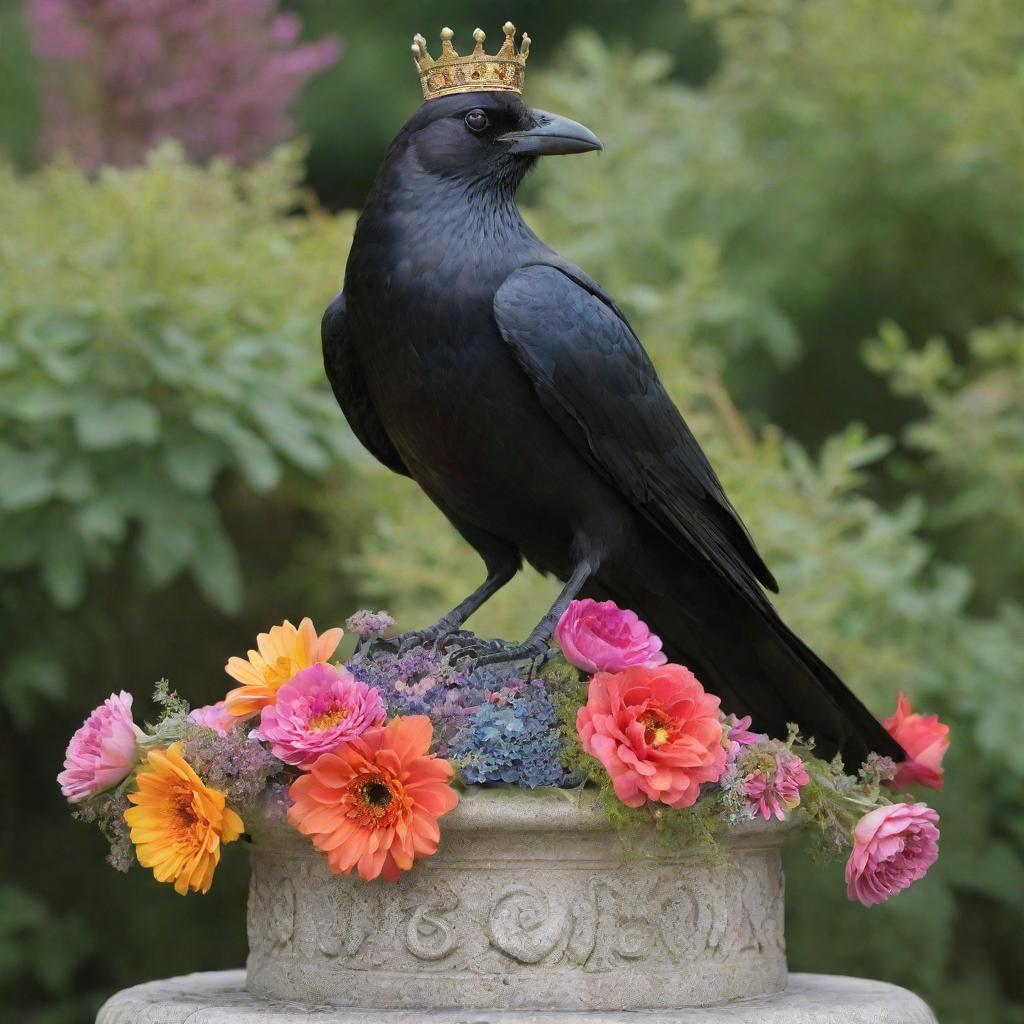 A whimsical statue of a crowned crow seated majestically on a pedestal, adorned with vibrant flowers and various offerings.