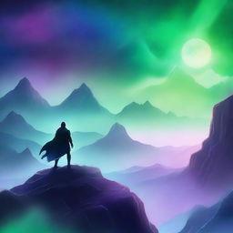 Create a fanfiction book cover featuring an epic fantasy scene with a heroic character standing on a cliff, looking over a vast, mystical landscape