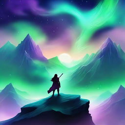 Create a fanfiction book cover featuring an epic fantasy scene with a heroic character standing on a cliff, looking over a vast, mystical landscape