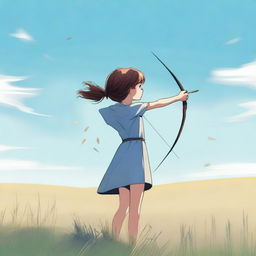 A young girl with shattered hair, hanging an arrow at her back