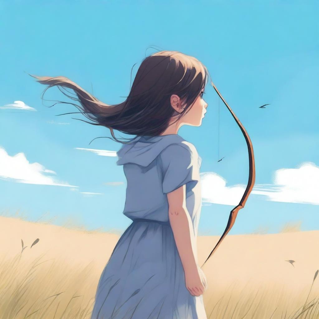 A young girl with shattered hair, hanging an arrow at her back