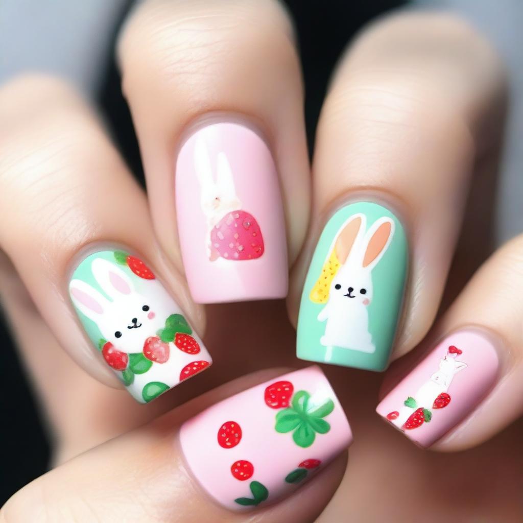 A vibrant and playful nail design featuring cute rabbits and strawberries, perfect for a summer theme