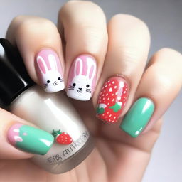 A vibrant and playful nail design featuring cute rabbits and strawberries, perfect for a summer theme