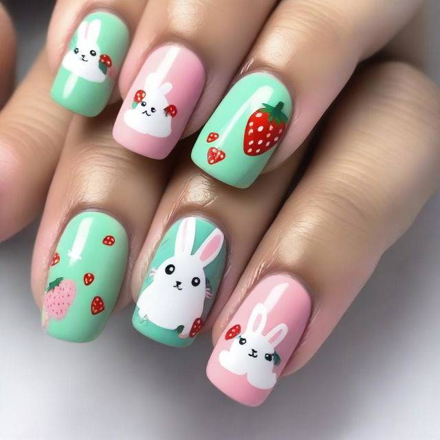 A vibrant and playful nail design featuring cute rabbits and strawberries, perfect for a summer theme