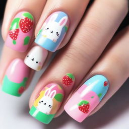 A vibrant and playful nail design featuring cute rabbits and strawberries, perfect for a summer theme