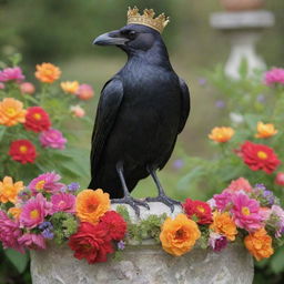 A whimsical statue of a crowned crow seated majestically on a pedestal, adorned with vibrant flowers and various offerings.