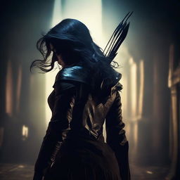 A lady with her hair roughly covering part of her face, hanging an arrow at her back