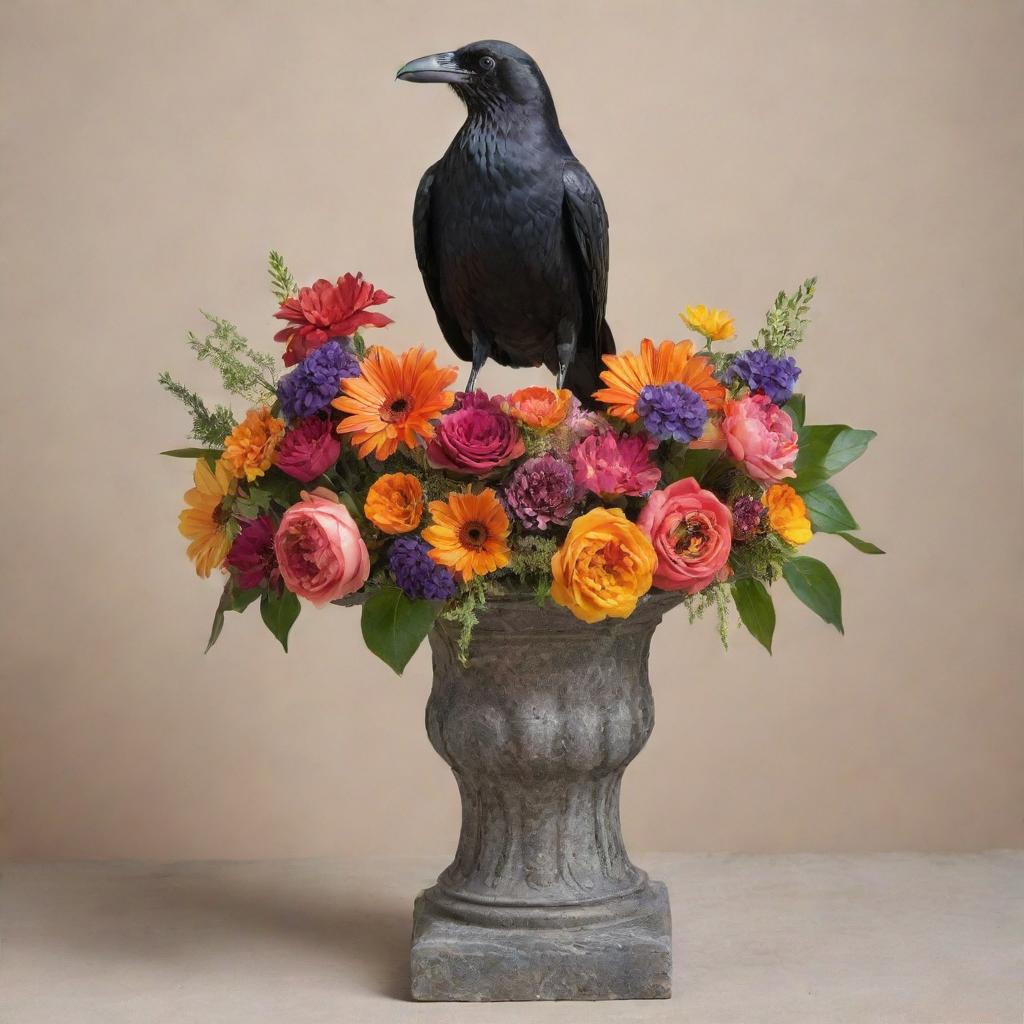 A whimsical statue of a crowned crow seated majestically on a pedestal, adorned with vibrant flowers and various offerings.