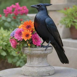 A whimsical statue of a crowned crow seated majestically on a pedestal, adorned with vibrant flowers and various offerings.