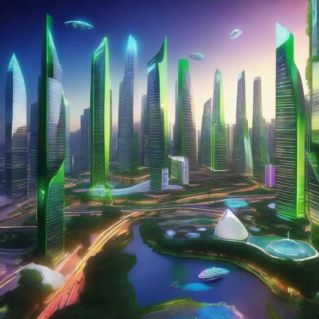 Create an image of a futuristic cityscape named 'Publicid Metarorica' with towering skyscrapers, flying vehicles, and vibrant neon lights illuminating the night sky