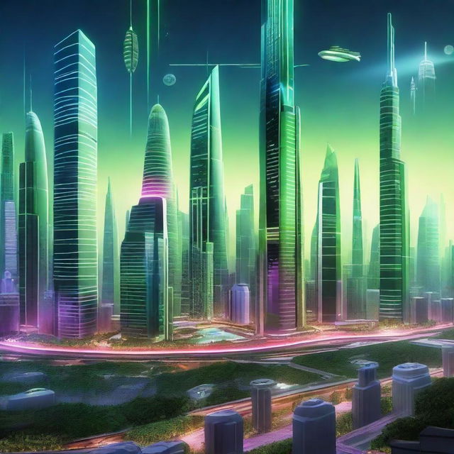 Create an image of a futuristic cityscape named 'Publicid Metarorica' with towering skyscrapers, flying vehicles, and vibrant neon lights illuminating the night sky