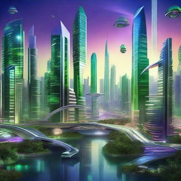 Create an image of a futuristic cityscape named 'Publicid Metarorica' with towering skyscrapers, flying vehicles, and vibrant neon lights illuminating the night sky